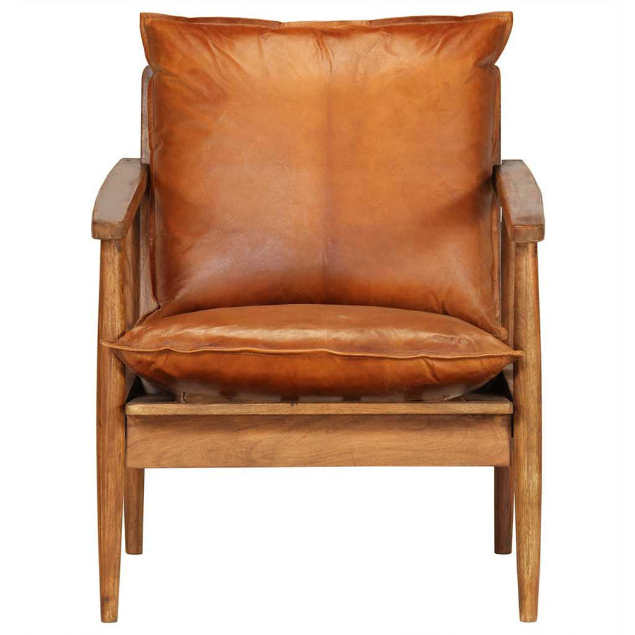 Fauteuil echt leer met acaciahout bruin