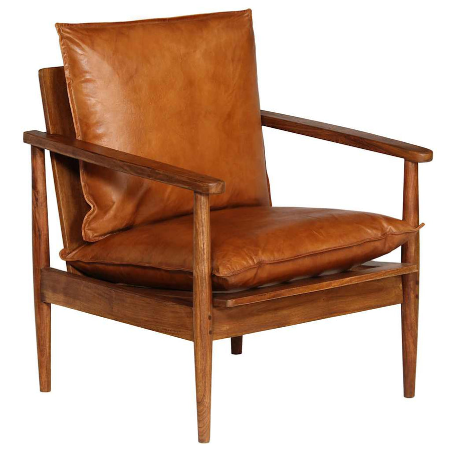 Fauteuil echt leer met acaciahout bruin