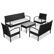 Loungeset poly rattan zwart met witte kussens