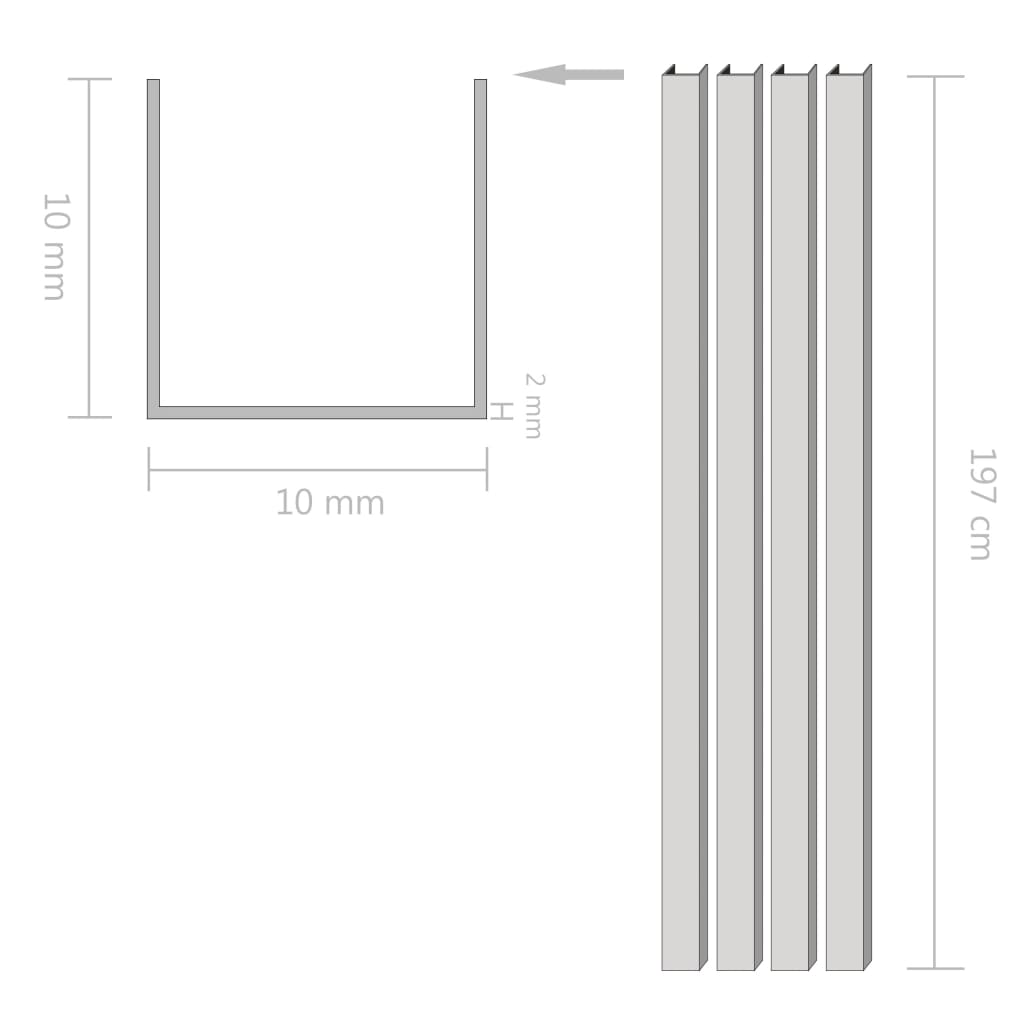 Kanalen U-Profiel 2M 10X10X2 Mm Aluminium 4 St