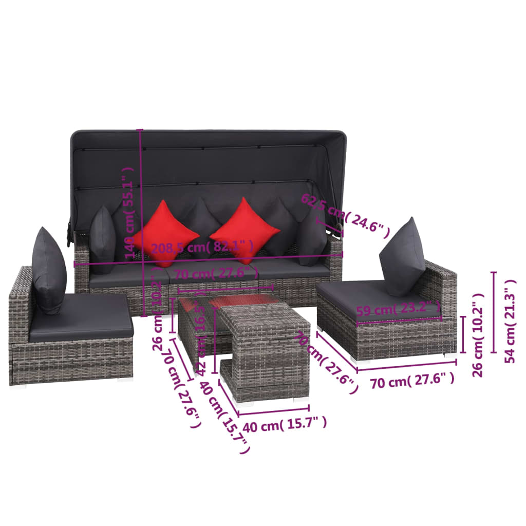 Loungeset Met Kussens Poly Rattan Grijs