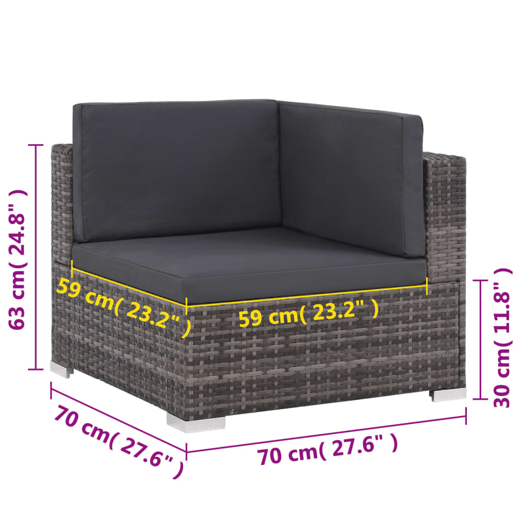 8-delige Loungeset met kussens poly rattan grijs