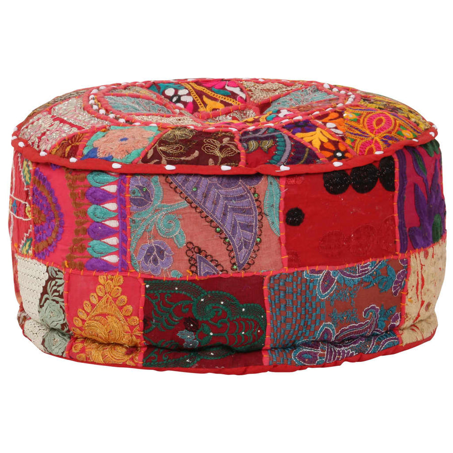 Poef Patchwork Rond Handgemaakt 40X20 Cm Katoen Rood