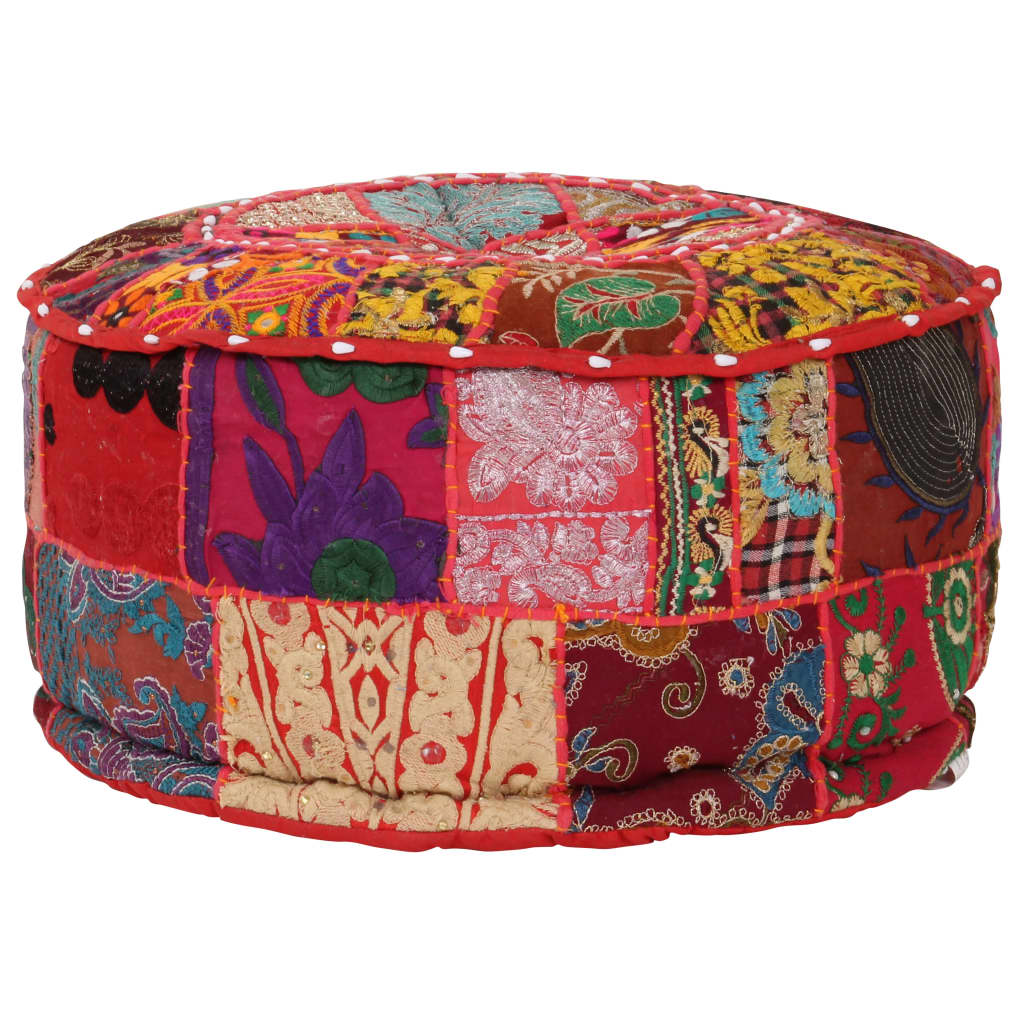 Poef Patchwork Rond Handgemaakt 40X20 Cm Katoen Rood
