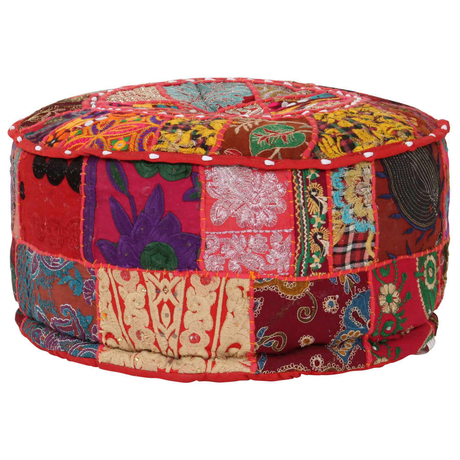 Poef Patchwork Rond Handgemaakt 40X20 Cm Katoen Rood