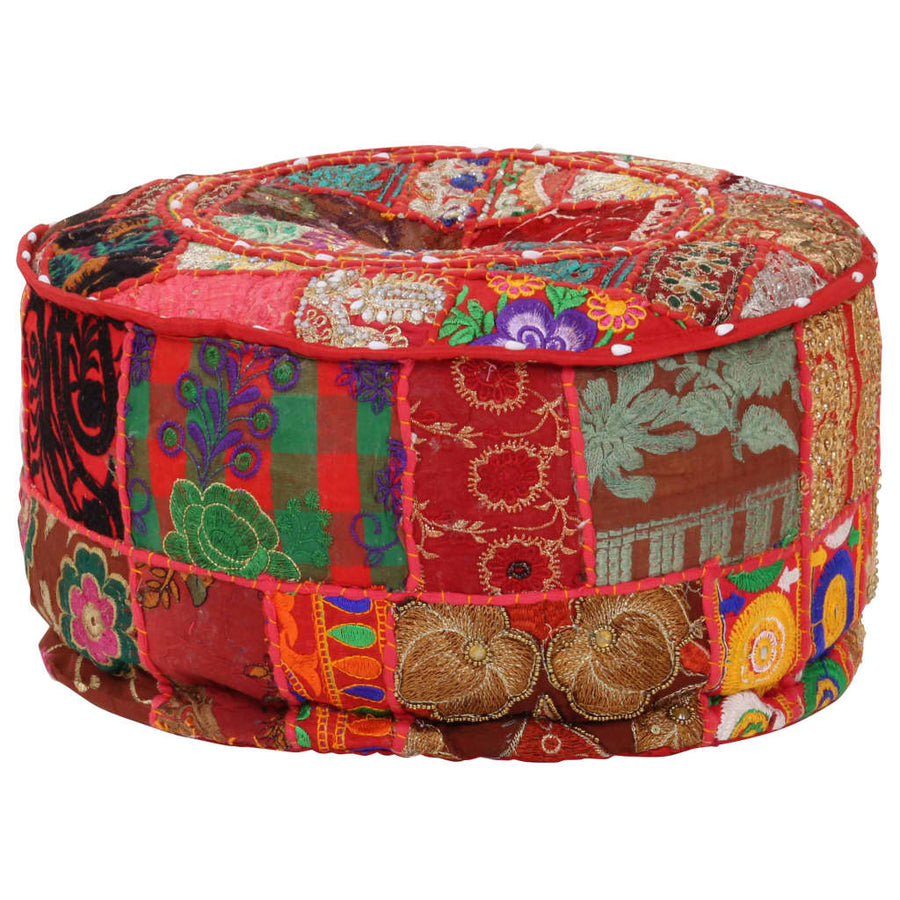 Poef Patchwork Rond Handgemaakt 40X20 Cm Katoen Rood