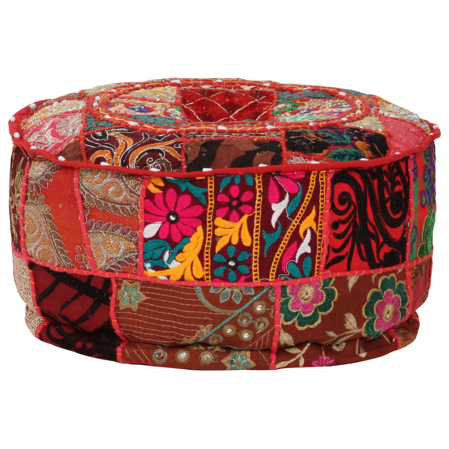 Poef Patchwork Rond Handgemaakt 40X20 Cm Katoen Rood