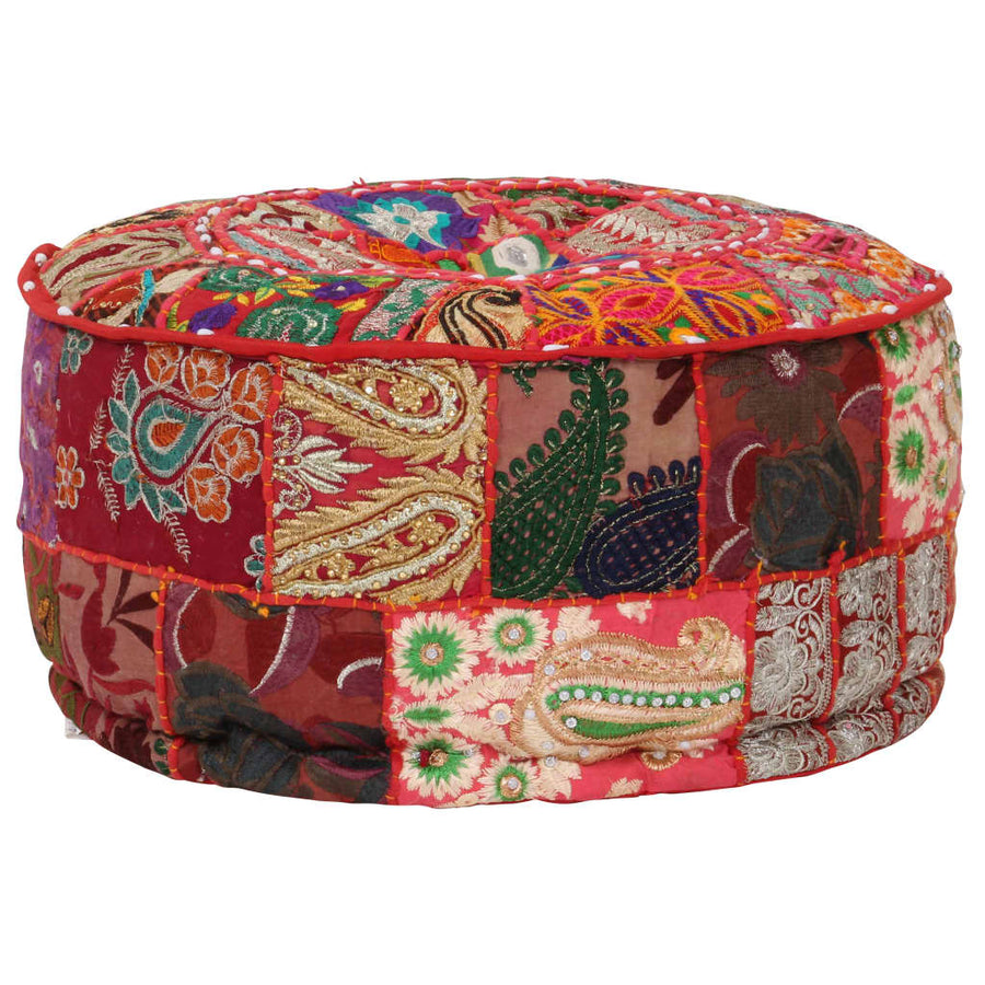 Poef Patchwork Rond Handgemaakt 40X20 Cm Katoen Rood