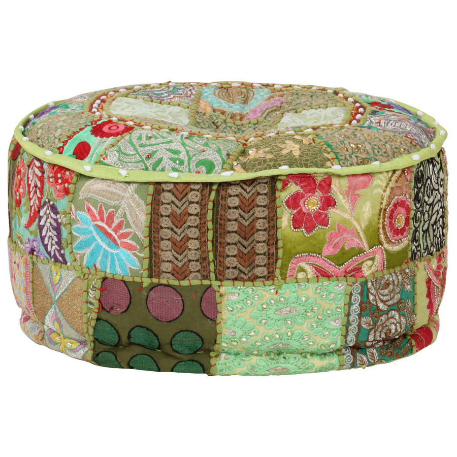 Poef Patchwork Rond Handgemaakt 40X20 Cm Katoen Groen