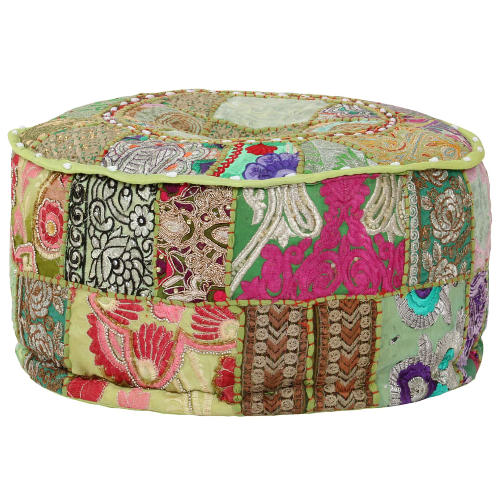 Poef Patchwork Rond Handgemaakt 40X20 Cm Katoen Groen
