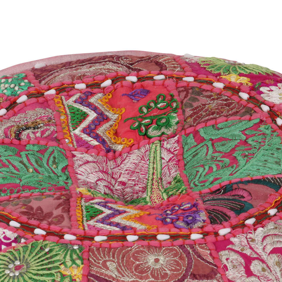 Poef Patchwork Rond Handgemaakt 40X20 Cm Katoen Roze
