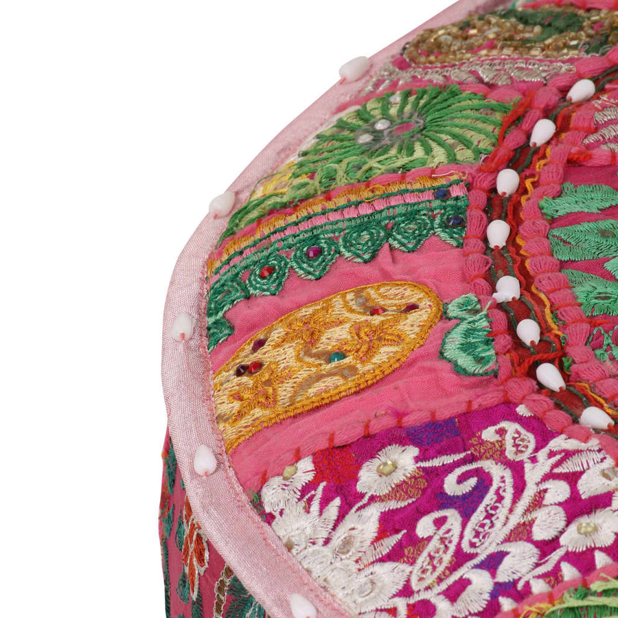Poef Patchwork Rond Handgemaakt 40X20 Cm Katoen Roze
