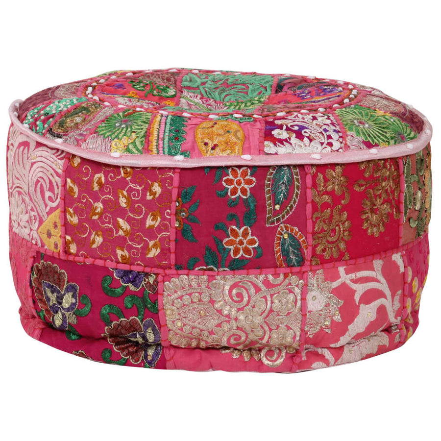 Poef Patchwork Rond Handgemaakt 40X20 Cm Katoen Roze
