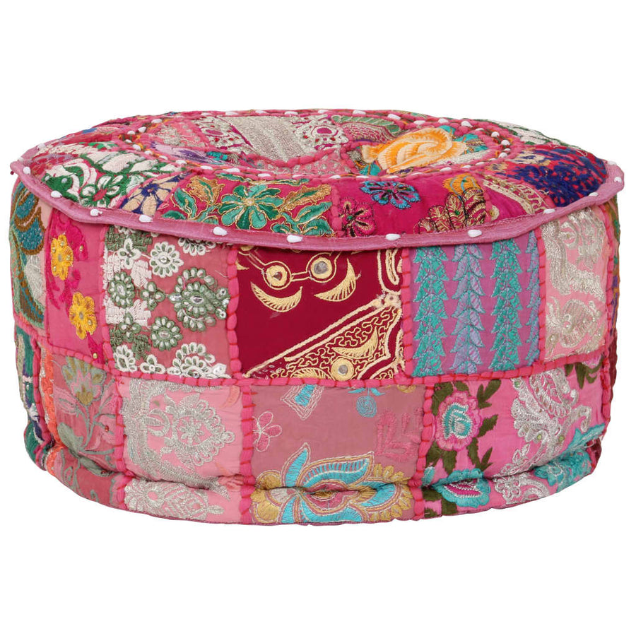 Poef Patchwork Rond Handgemaakt 40X20 Cm Katoen Roze