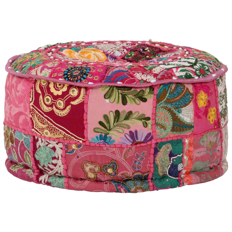 Poef Patchwork Rond Handgemaakt 40X20 Cm Katoen Roze