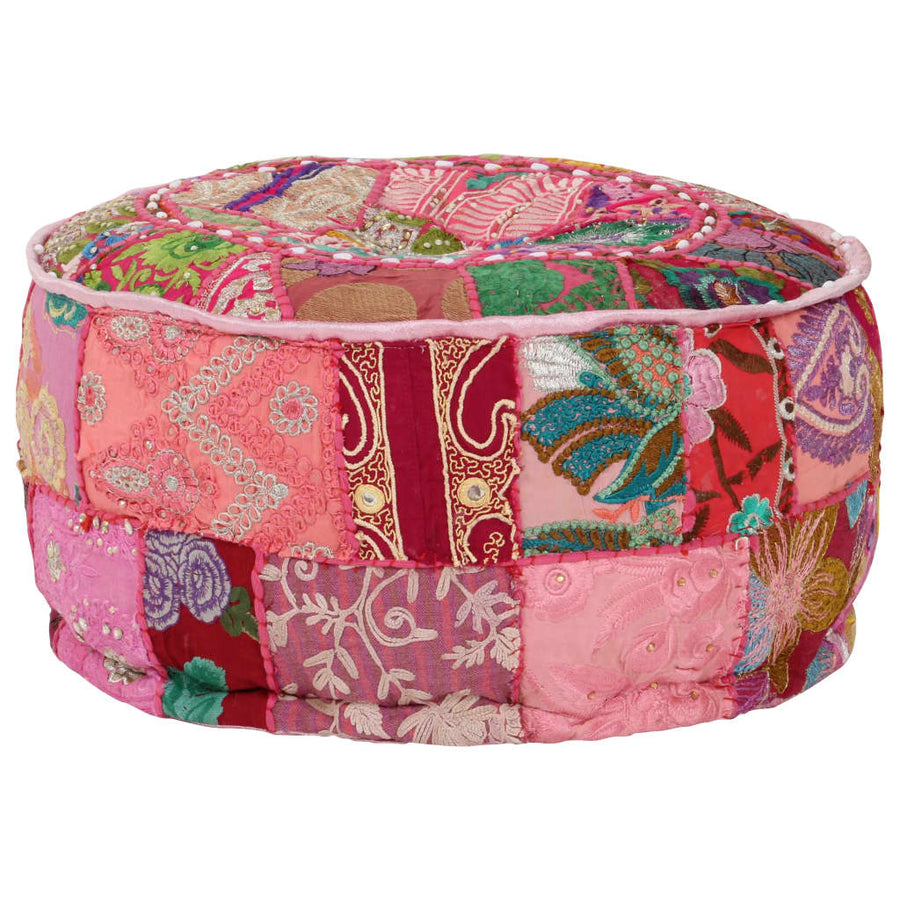 Poef Patchwork Rond Handgemaakt 40X20 Cm Katoen Roze