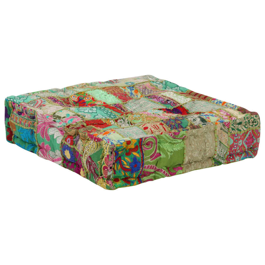 Poef Patchwork Vierkant Handgemaakt 50X50X2 Cm Katoen Groen
