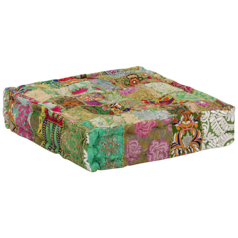 Poef Patchwork Vierkant Handgemaakt 50X50X2 Cm Katoen Groen