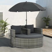 Tuinbank 2-zits poly rattan grijs met kussens en parasol