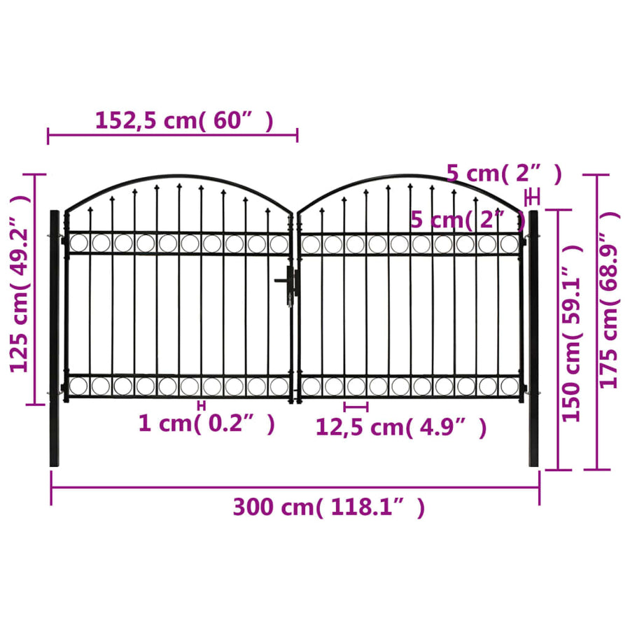Poort Met Gebogen Bovenkant Dubbel Staal Zwart 300 x 125 cm