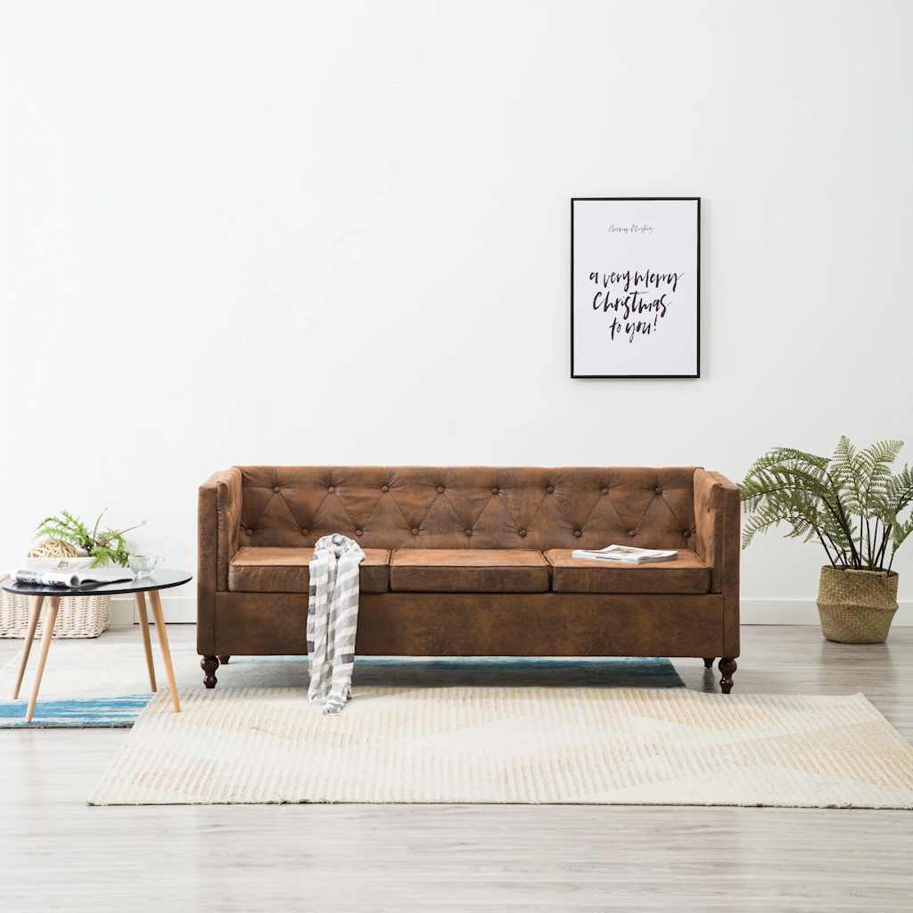 Driezitsbank Chesterfield-Stijl Suède-Look Stoffen Bekleding Bruin