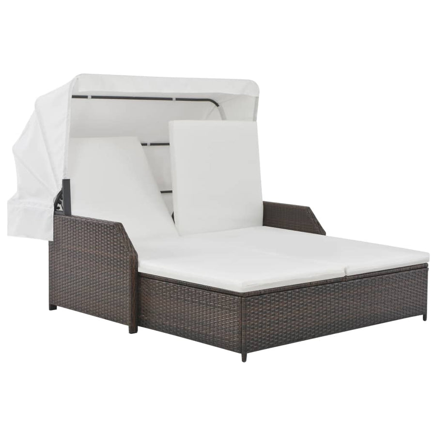 Ligbed 2-persoons met luifel poly rattan bruin