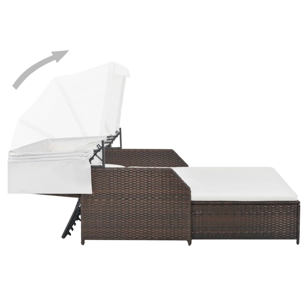 Ligbed 2-persoons met luifel poly rattan bruin