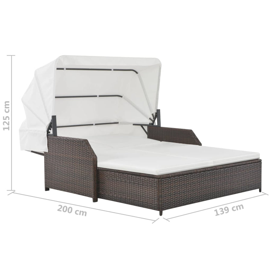 Ligbed 2-persoons met luifel poly rattan bruin