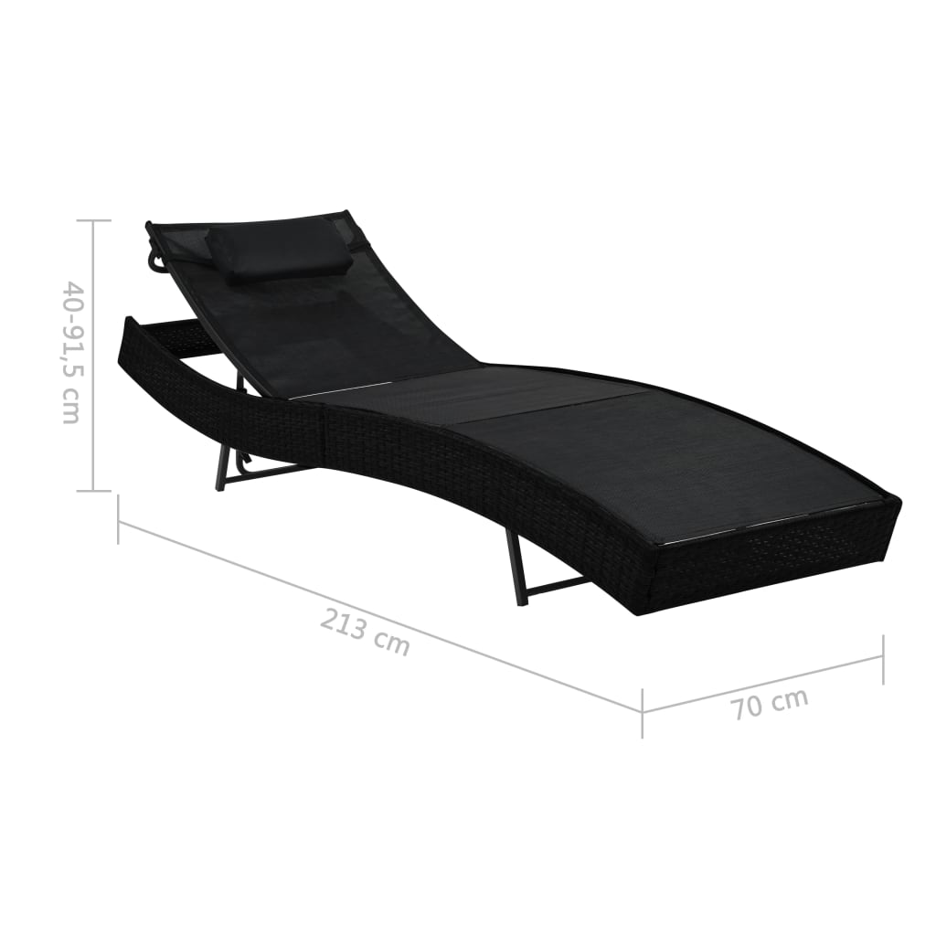 Ligbed met kussen poly rattan zwart