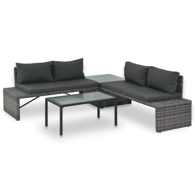 Loungeset Met Kussens 3-Delig Poly Rattan Grijs