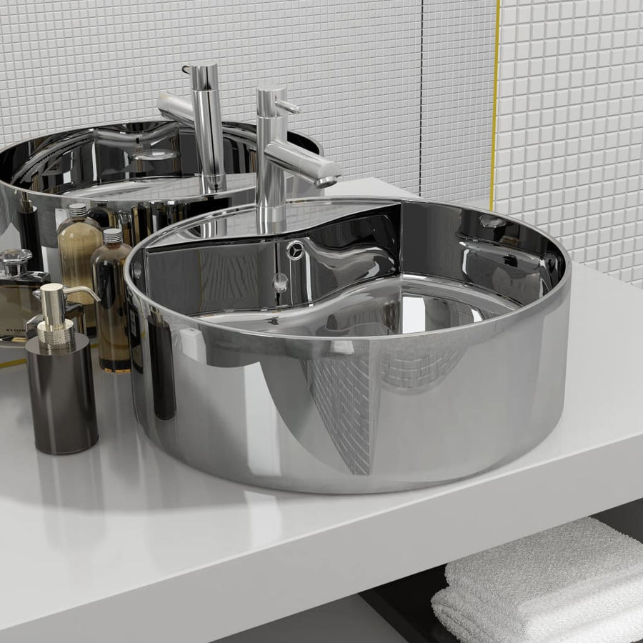 Wasbak Met Overloop, Keramiek, Rond, Wit