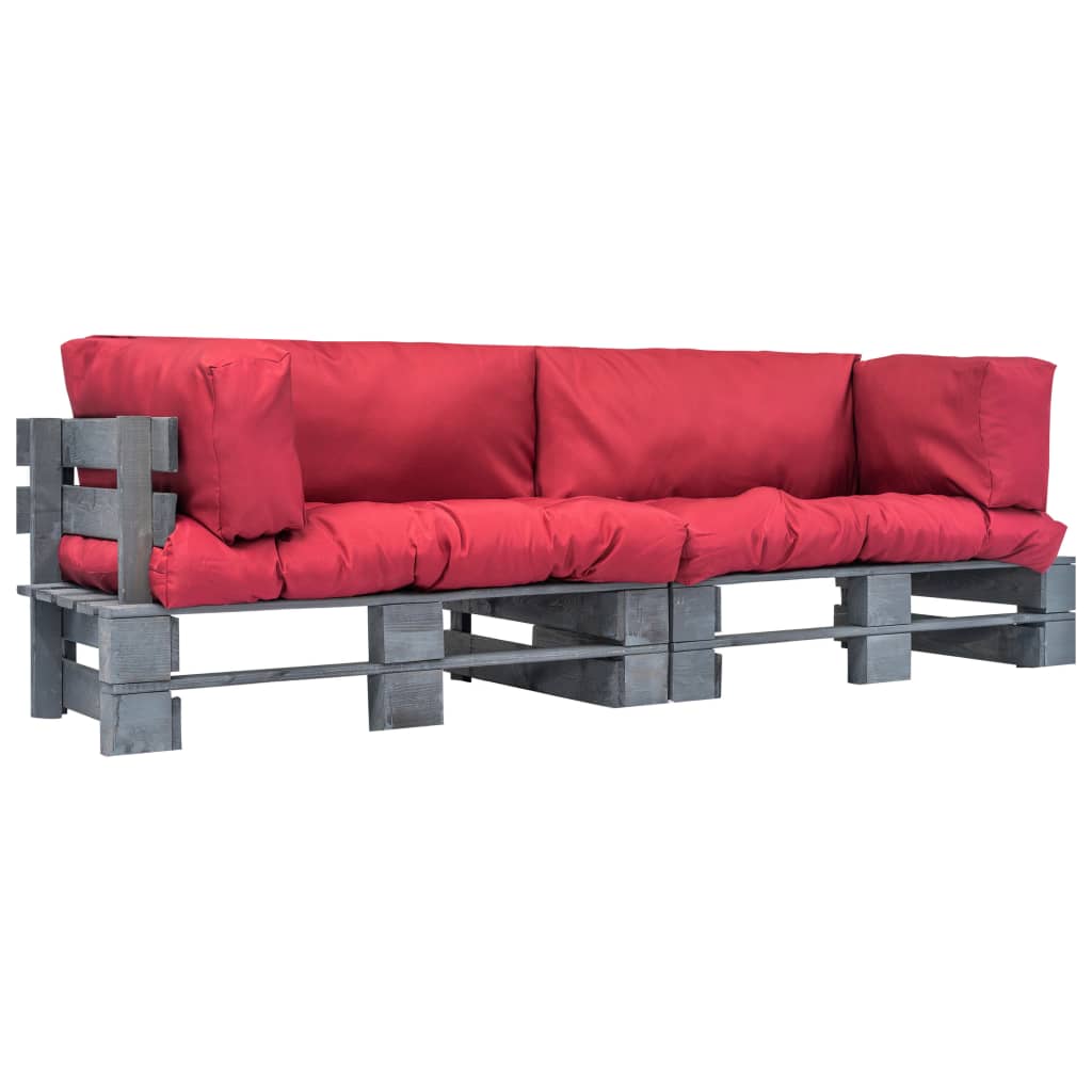 2-Delige Tuinbankenset Pallet Met Rode Kussens Grenenhout Grijs en rood