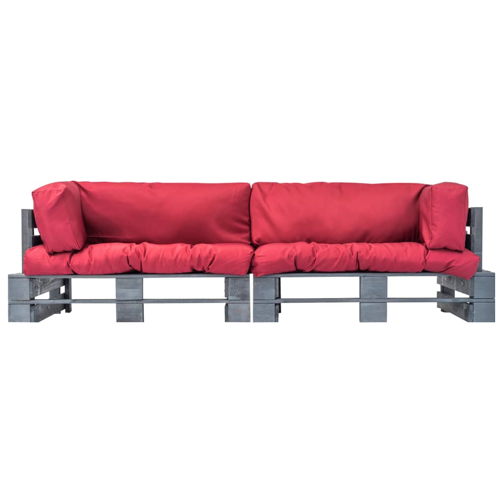 2-Delige Tuinbankenset Pallet Met Rode Kussens Grenenhout Grijs en rood
