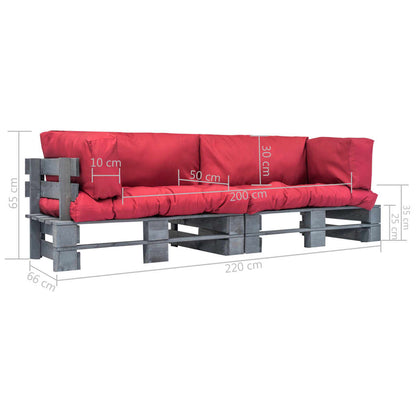 2-Delige Tuinbankenset Pallet Met Rode Kussens Grenenhout Grijs en rood