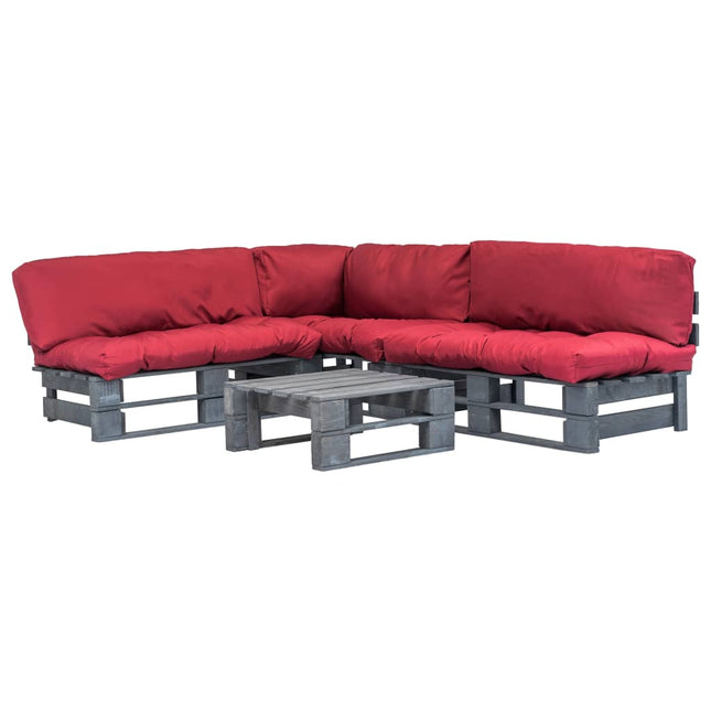 4-Delige Loungeset Pallet Met Rode Kussens Hout Grijs en rood