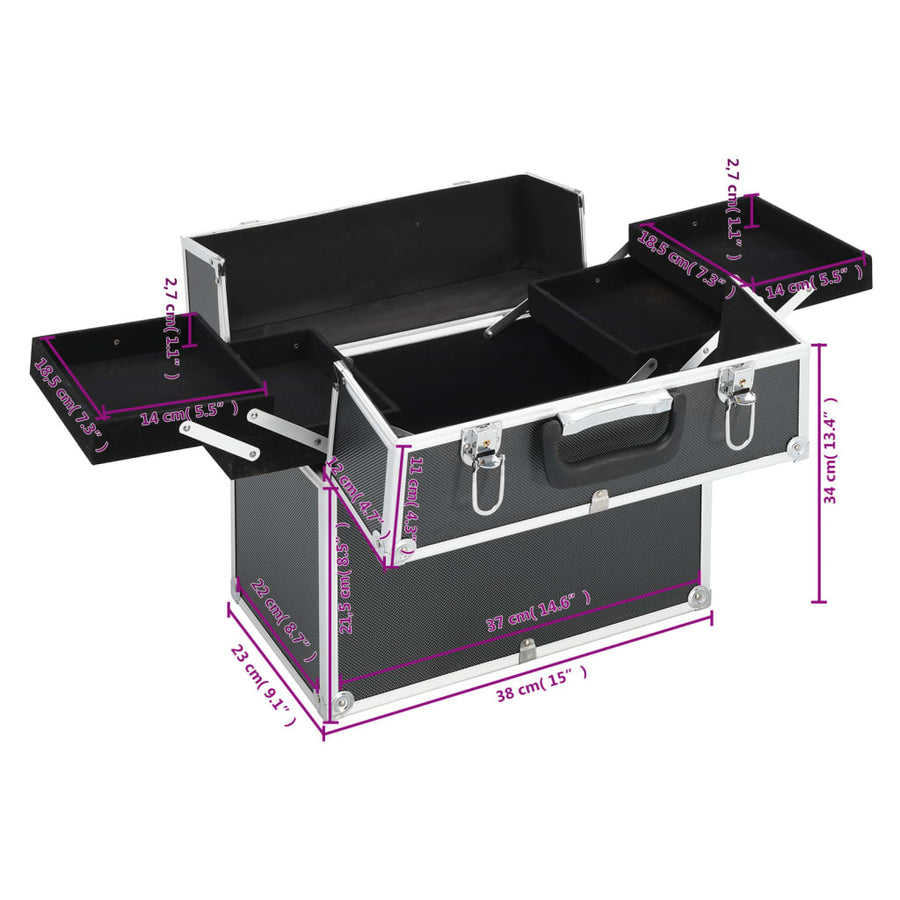Make-up koffer 38x23x34 cm aluminium zwart Zwart