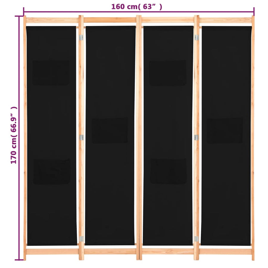 Kamerscherm Met Panelen 160X170X Cm Stof 4 Zwart