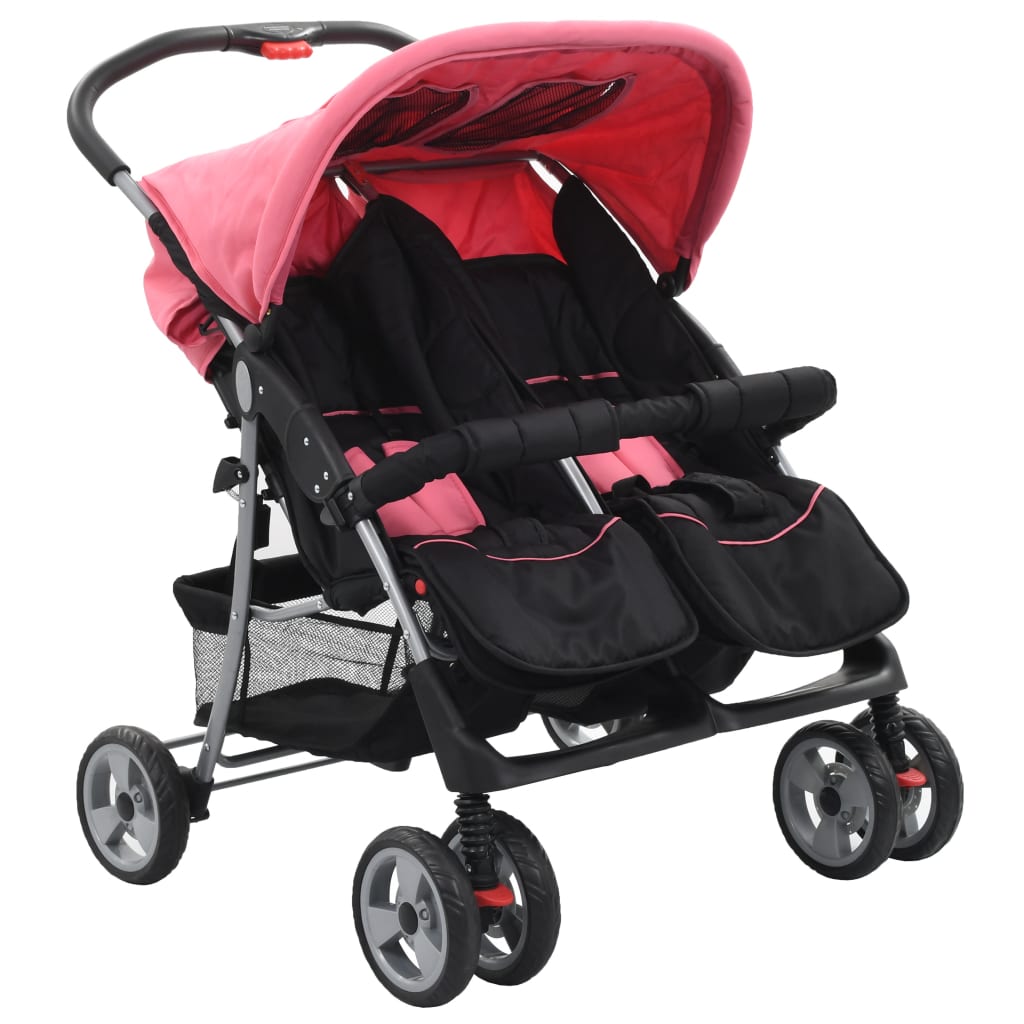 Tweelingkinderwagen Staal En Zwart Roze