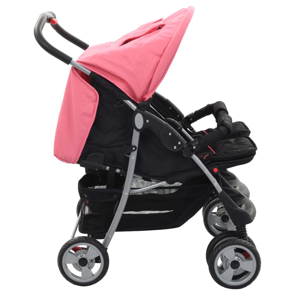 Tweelingkinderwagen Staal En Zwart Roze