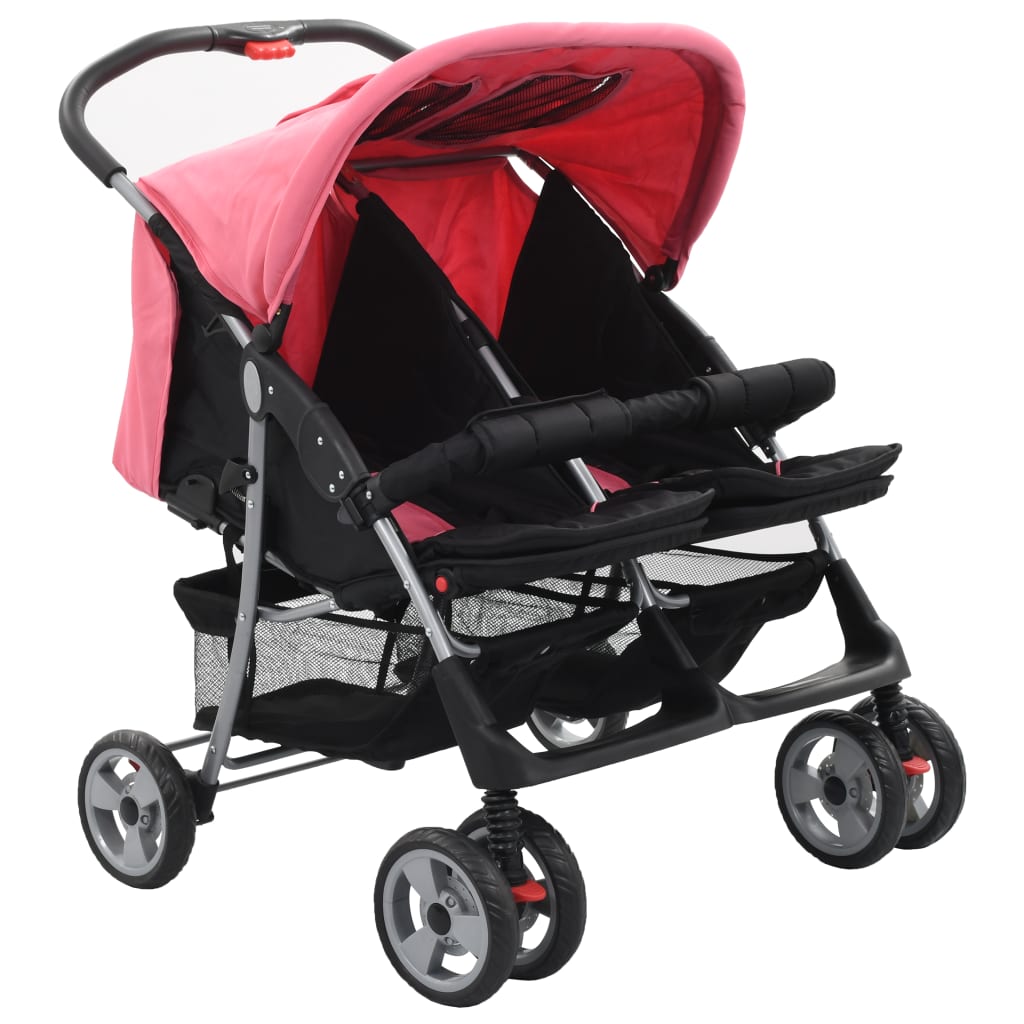 Tweelingkinderwagen Staal En Zwart Roze