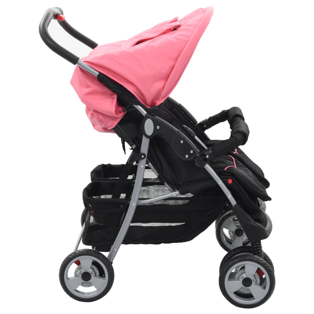 Tweelingkinderwagen Staal En Zwart Roze