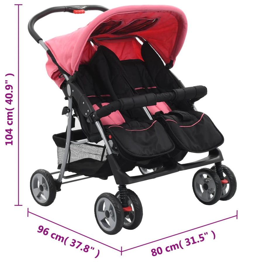 Tweelingkinderwagen Staal En Zwart Roze