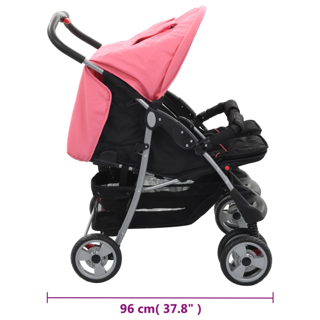 Tweelingkinderwagen Staal En Zwart Roze