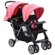 Kinderwagen dubbel roze zwart staal 122x53x111 cm