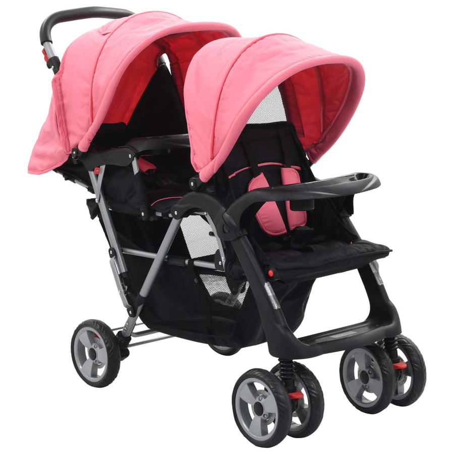 Kinderwagen dubbel staal roze en zwart Roze