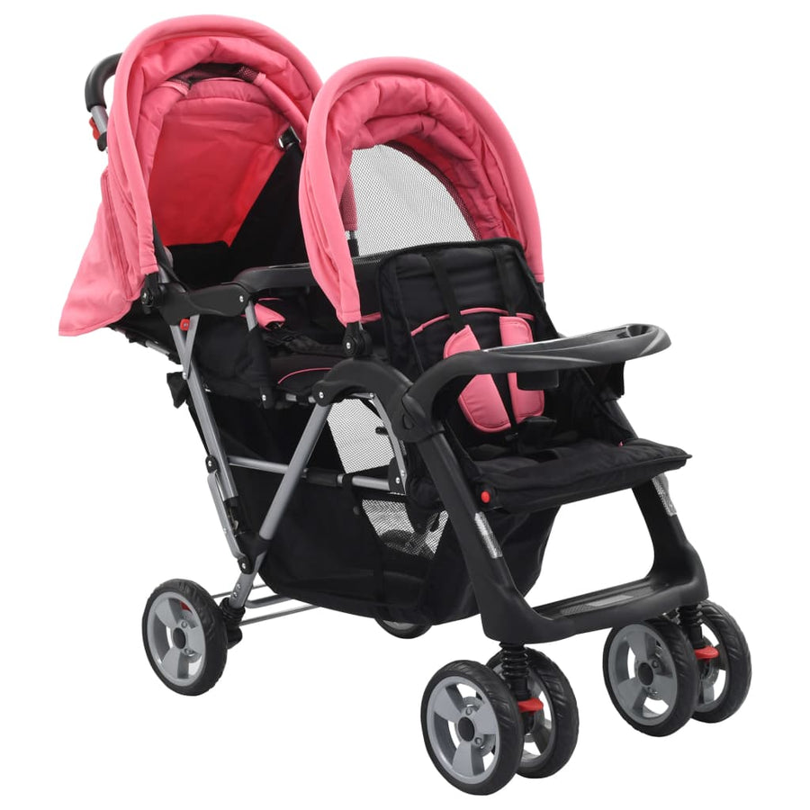 Kinderwagen dubbel staal roze en zwart Roze