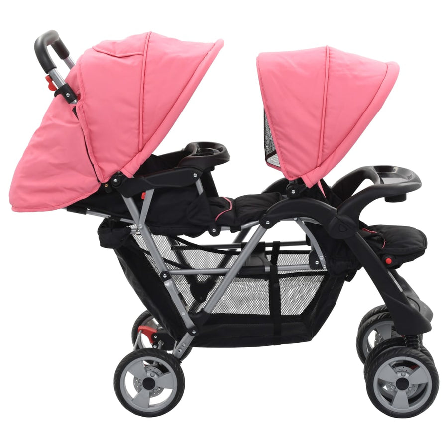 Kinderwagen dubbel staal roze en zwart Roze