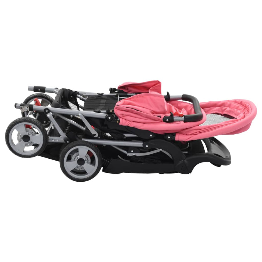 Kinderwagen dubbel staal roze en zwart Roze