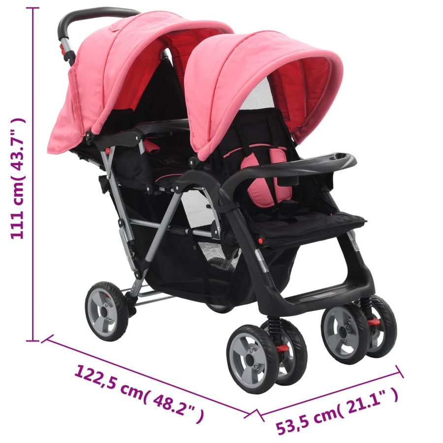 Kinderwagen dubbel staal roze en zwart Roze