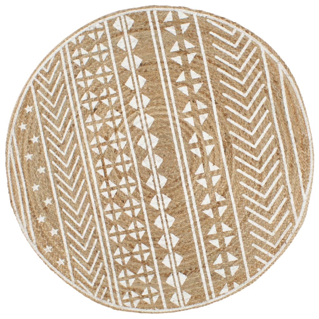 Vloerkleed Handgemaakt Met Witte Print Jute 90 cm Geometrisch patroon